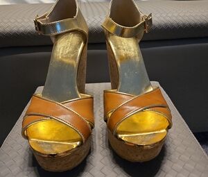 Jimmy Choo Gold and Tan Platform Sandals with Criss-Cross Straps